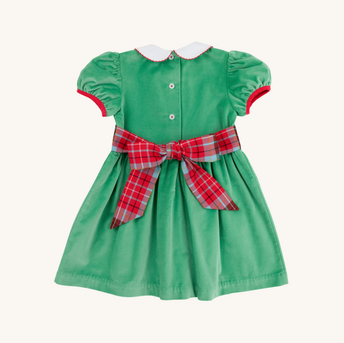TBBC Cindy Lou Sash Dress: Kiawah Kelley Green Velveteen with Wilson Pier Plaid