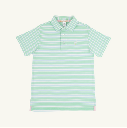 TBBC SS Prim &amp; Proper Polo: Sumner County Stripe (Grace Bay Green) with Multicolor Stork