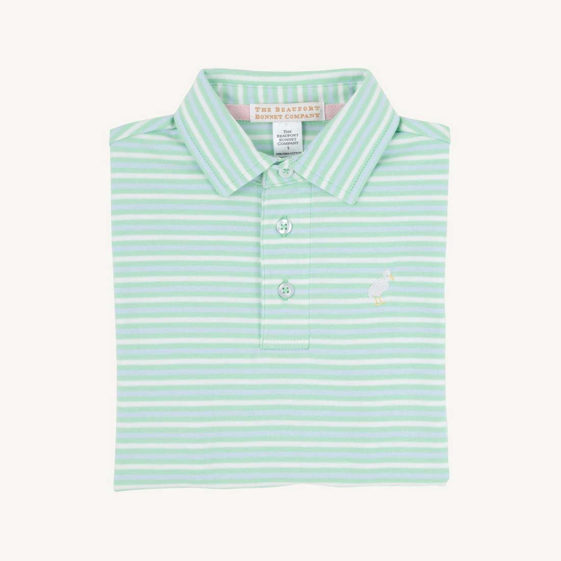 TBBC SS Prim &amp; Proper Polo: Sumner County Stripe (Grace Bay Green) with Multicolor Stork