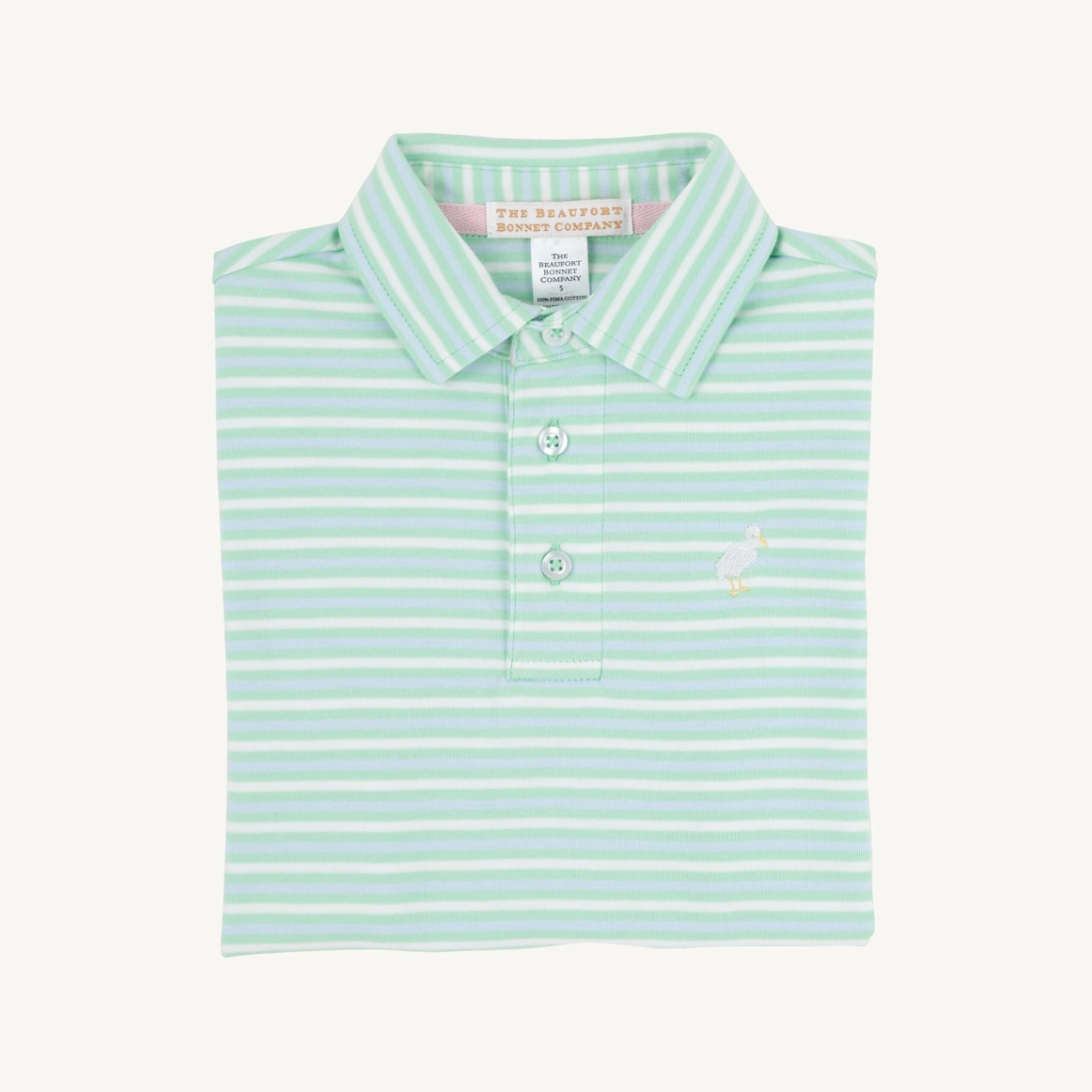 TBBC SS Prim &amp; Proper Polo: Sumner County Stripe (Grace Bay Green) with Multicolor Stork
