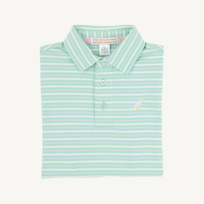 TBBC SS Prim &amp; Proper Polo: Sumner County Stripe (Grace Bay Green) with Multicolor Stork