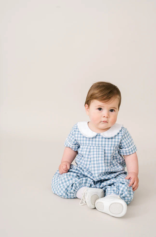 Precious Pleated Romper: Stone Blue Check