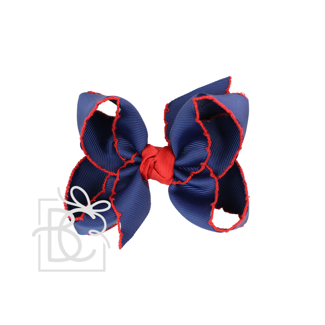 4.5&quot; Crochet Edge Grosgrain Hairbow on Clip: Navy with Red