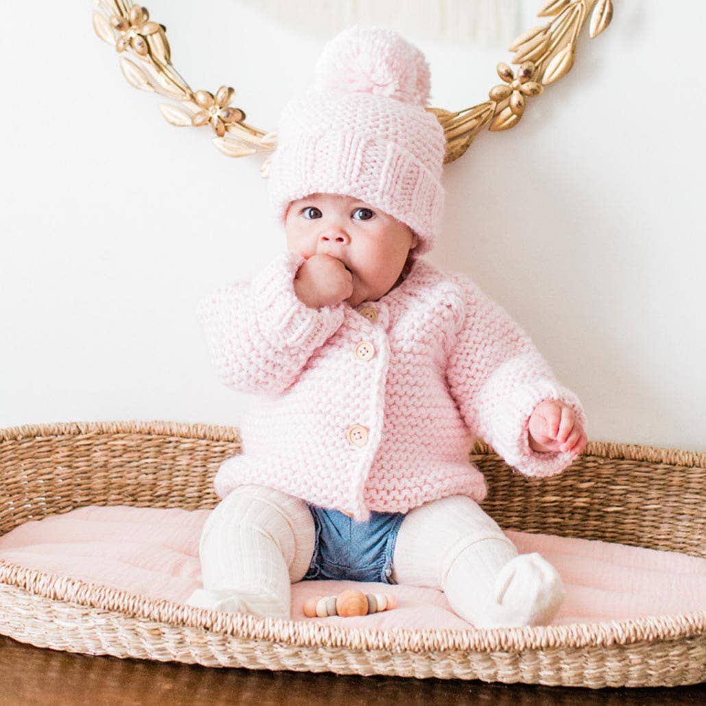 Garter Stitch Beanie Hat: Blush Pink