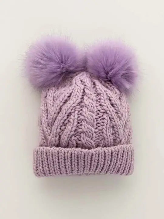 Huggalugs Fluffer Cable Knit Hat w/2 PomPoms - Lilac