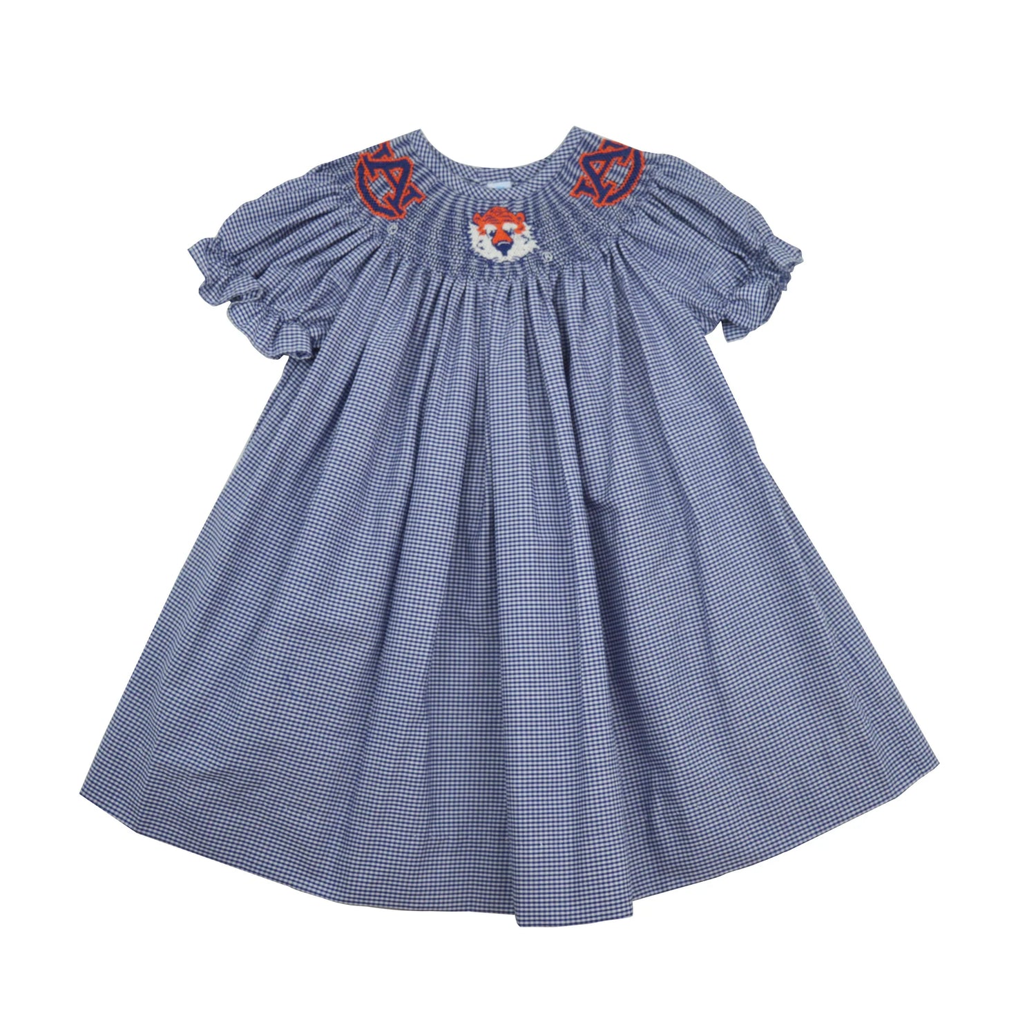 Navy Gingham Auburn Tigers Smocked Bishop Dress