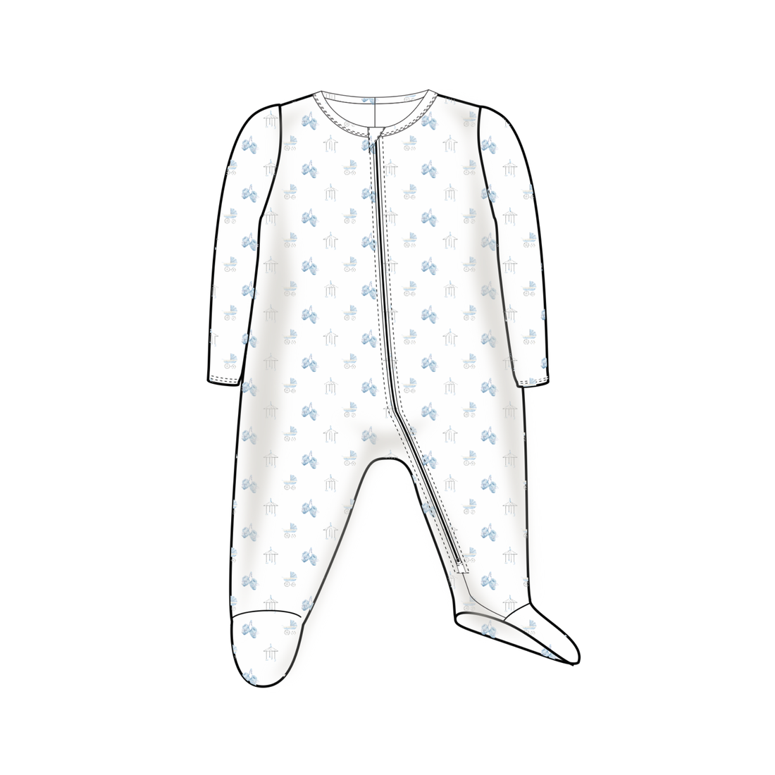 Baby Boy Carriage Print Zipper Footie