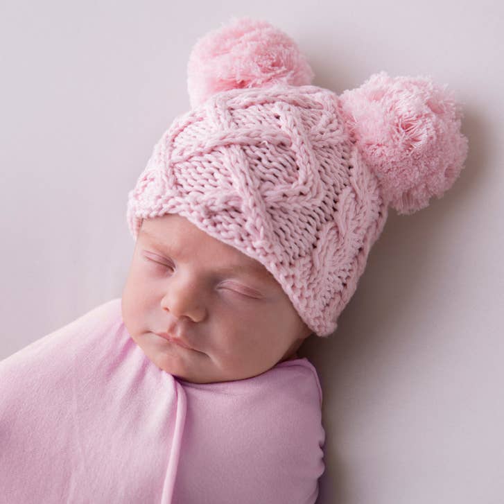 Newborn Baby Aran Pink Double Pom Pom Beanie Hat