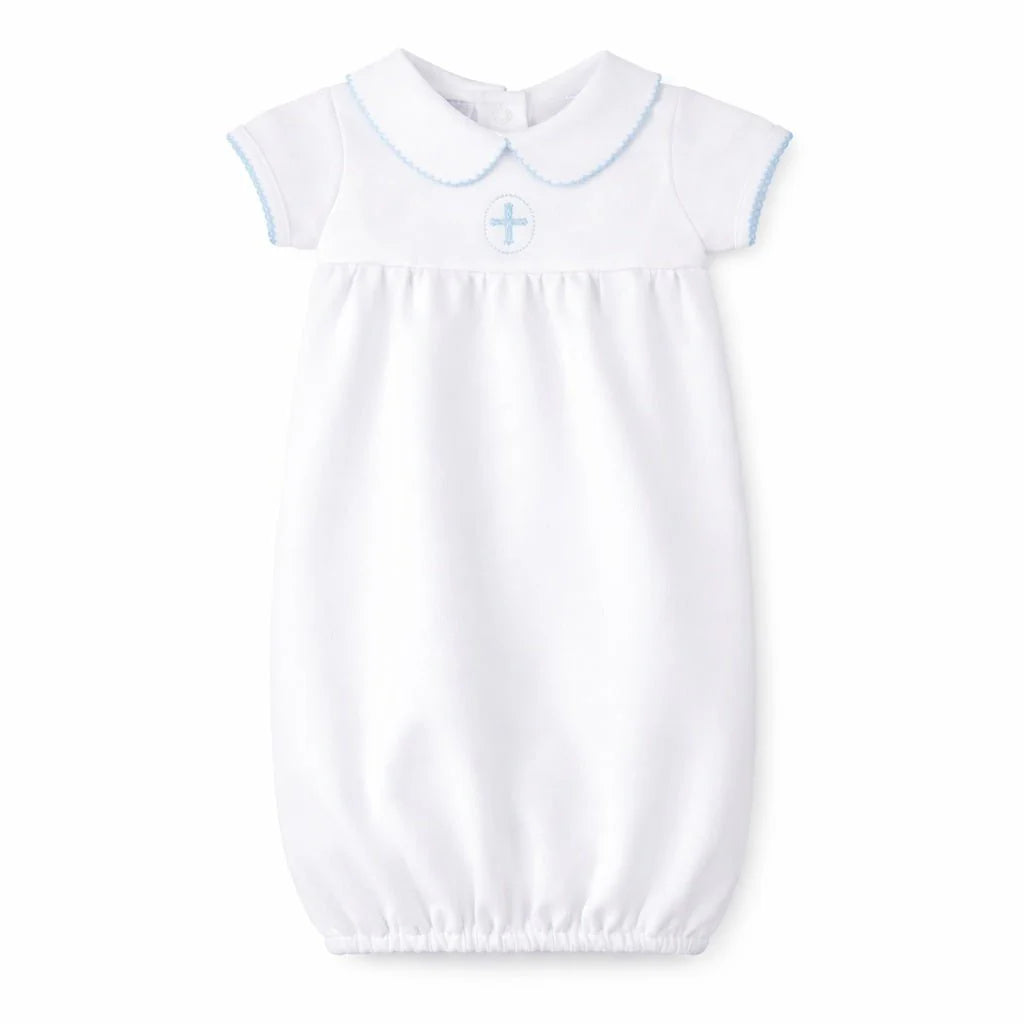 Blessed Embroidered Collared Short Sleeve Gown: Light Blue