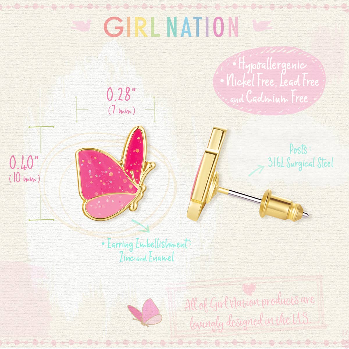 Glitter Butterfly Cutie Stud Earrings for Girls
