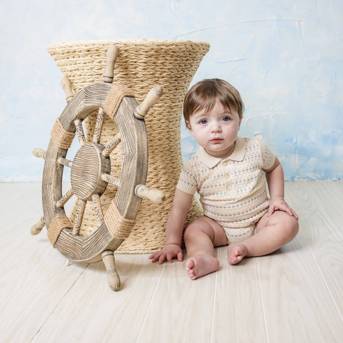 Boys Pointelle Jacquard Knit Romper: Ecru