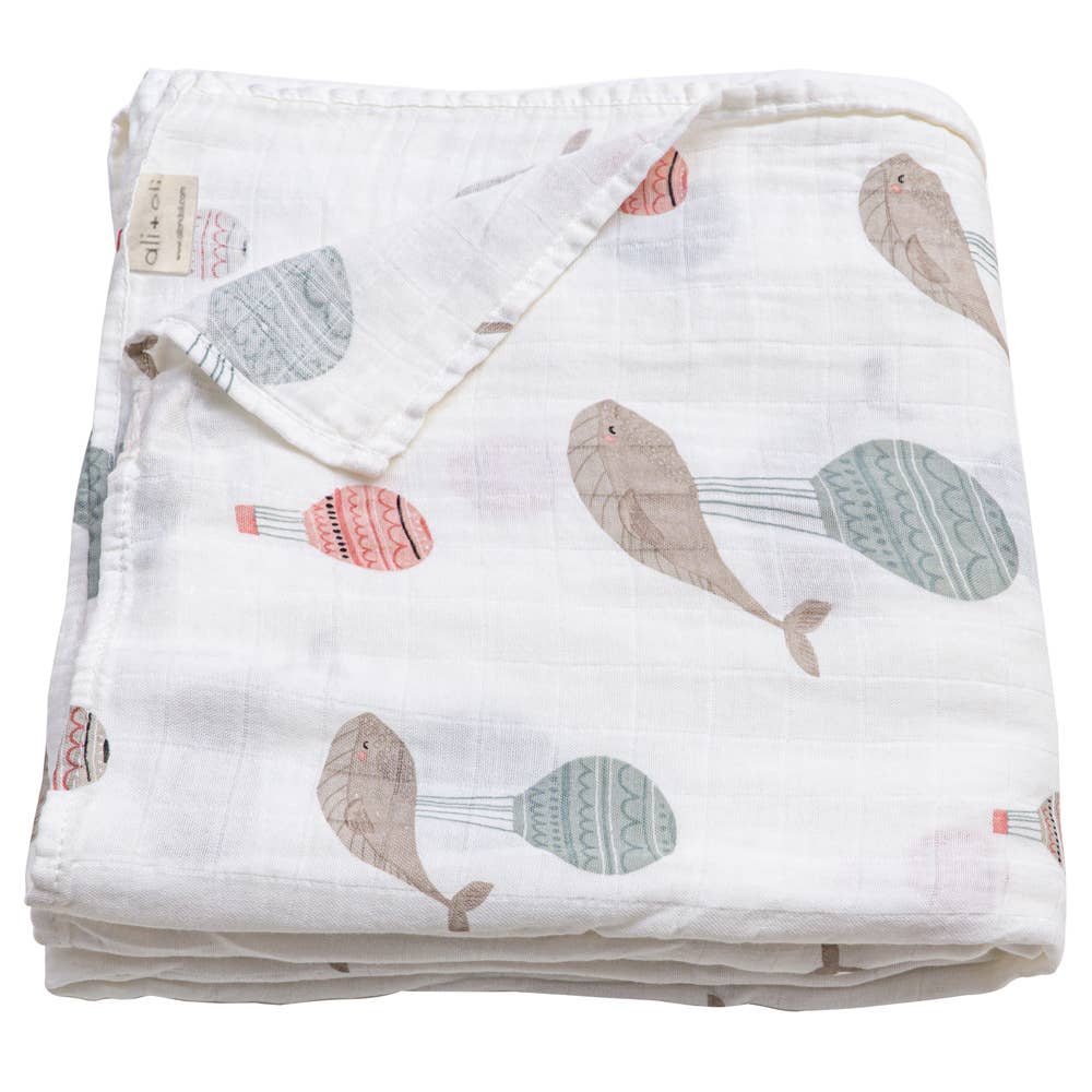 Muslin Swaddle Blanket: Whales Print