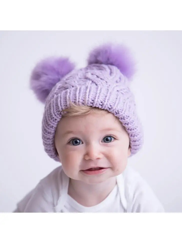 Huggalugs Fluffer Cable Knit Hat w/2 PomPoms - Lilac