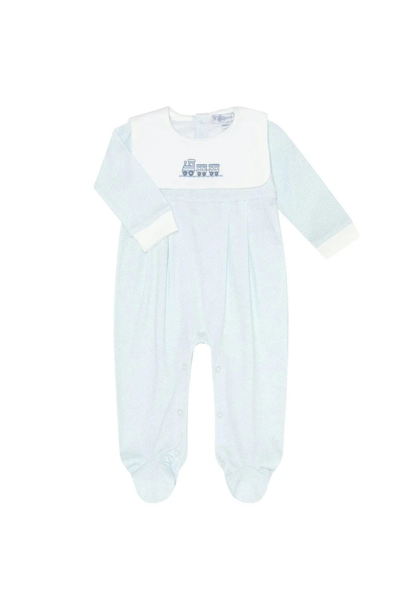 Blue Herringbone Embroidered Footie