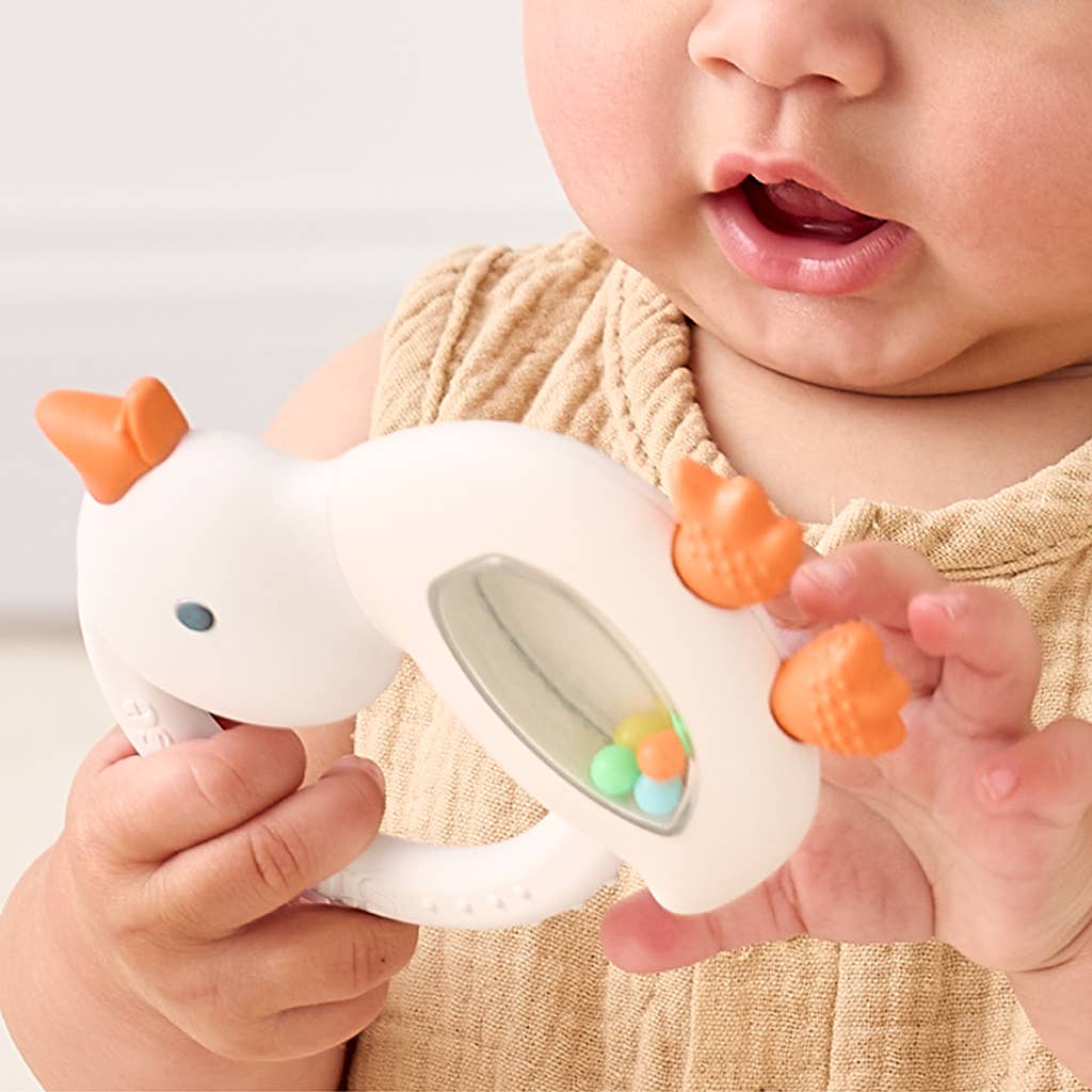 Bitzy Shake™ Silicone Teether with Rattle: Goose