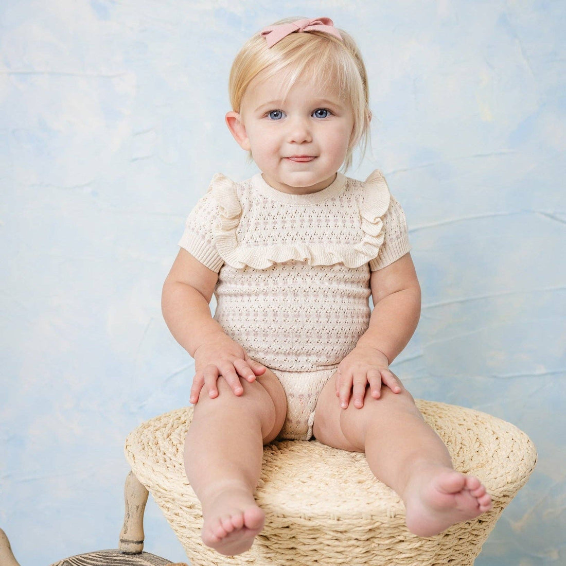 Baby Girls Pointelle Jacquard Knit Romper: Ecru