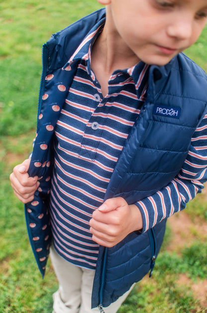 Puffer Vest: Dark Denim with Footballs