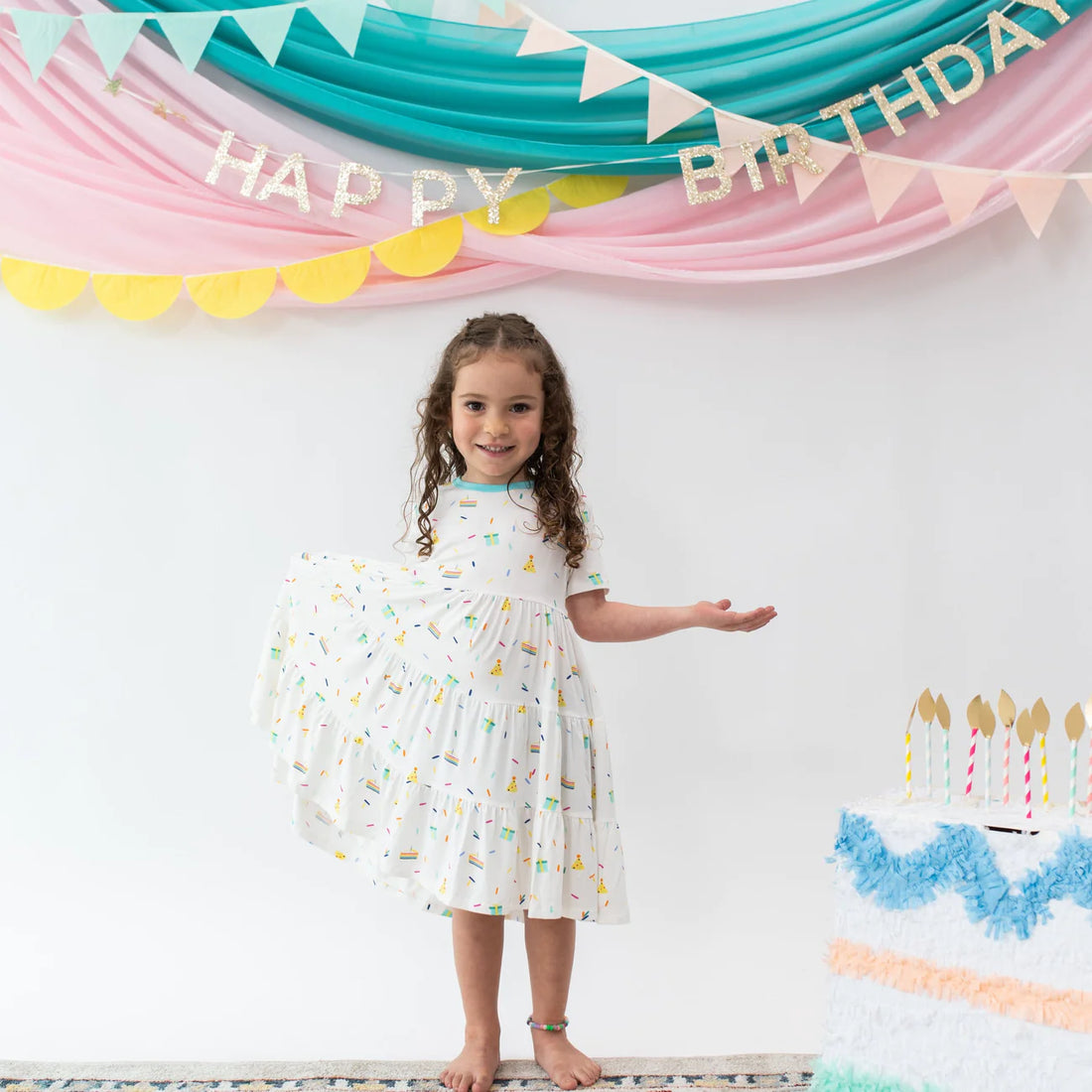 Kyte Baby Short Sleeve Tiered Dress - Cloud Party