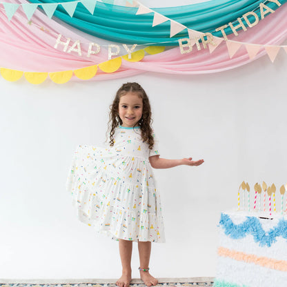 Kyte Baby Short Sleeve Tiered Dress - Cloud Party