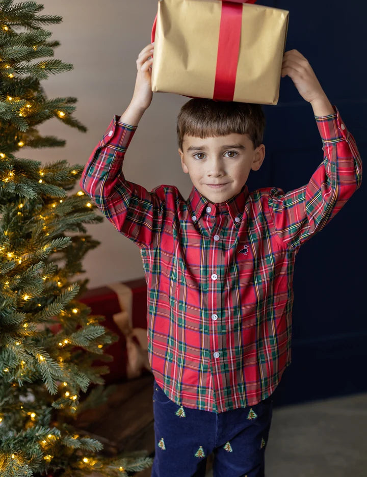 Boys Navy Tinsel Pant: Christmas Tree Embroidery