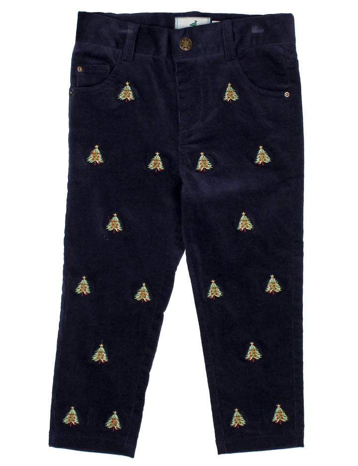 Boys Navy Tinsel Pant: Christmas Tree Embroidery