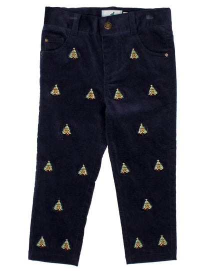 Boys Navy Tinsel Pant: Christmas Tree Embroidery
