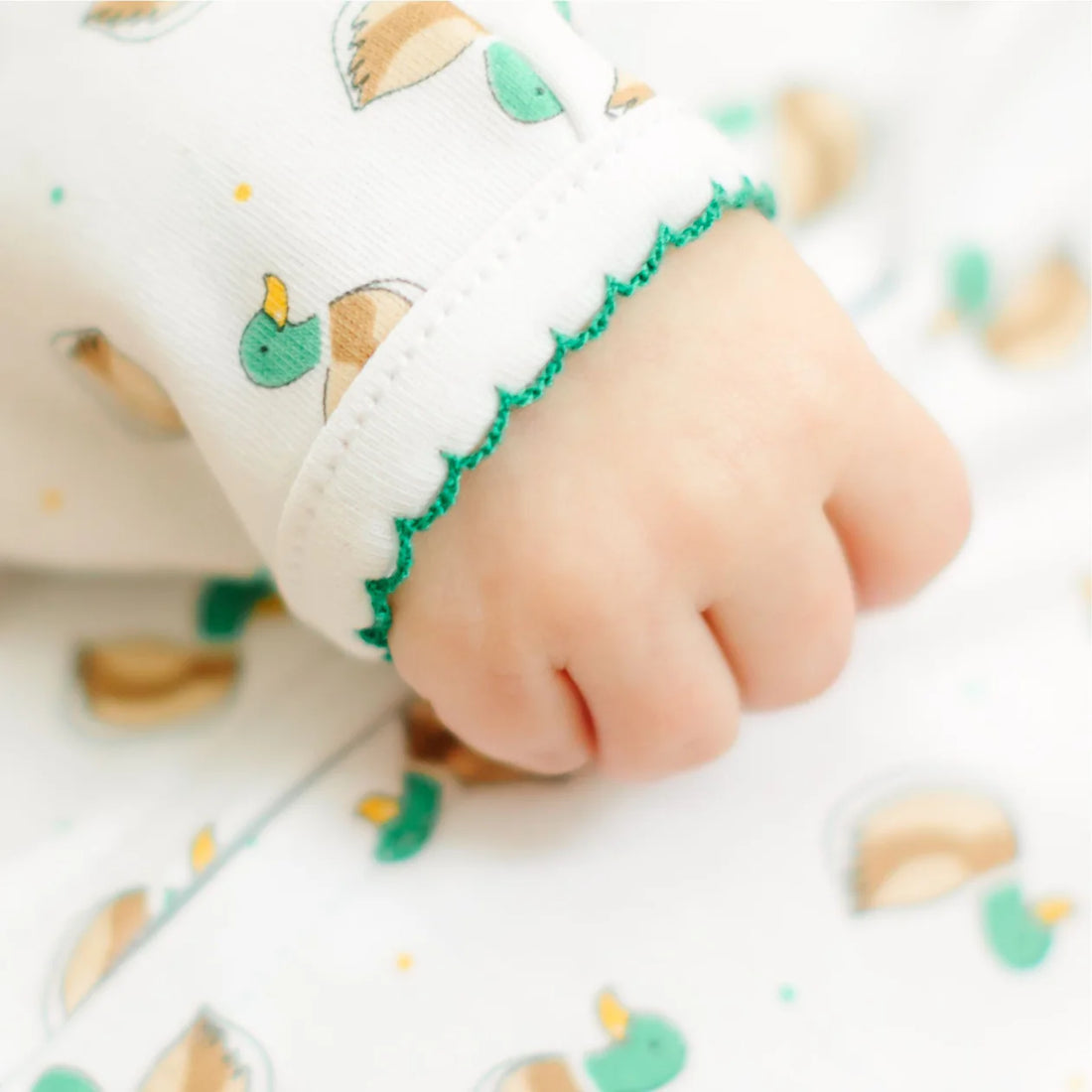 Mini Mallard Print Zip Footie w/Green Picot Trim