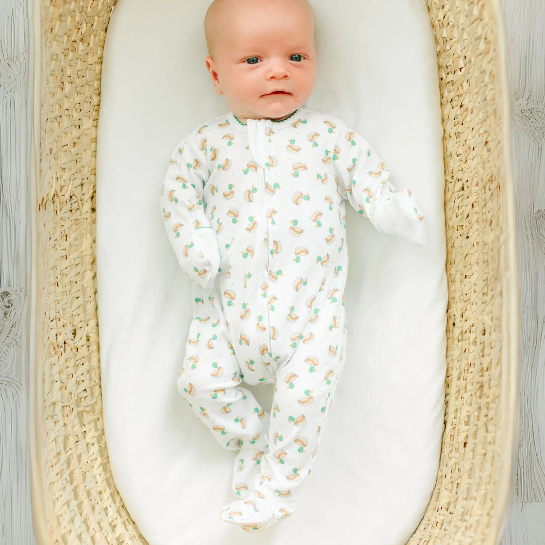 Mini Mallard Print Zip Footie w/Green Picot Trim