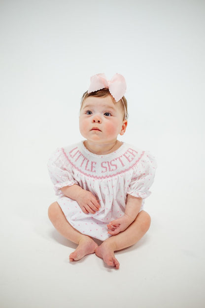 Little Sister Swiss Dot Smocked Bubble: Light Pink