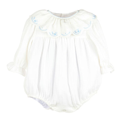 Cuddle Cotton LS Bubble: White with Blue Embroidery