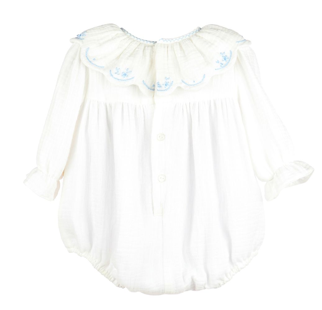 Cuddle Cotton LS Bubble: White with Blue Embroidery