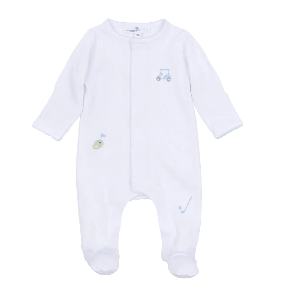 Tiny Tee Time Embroidered Footie: Light Blue