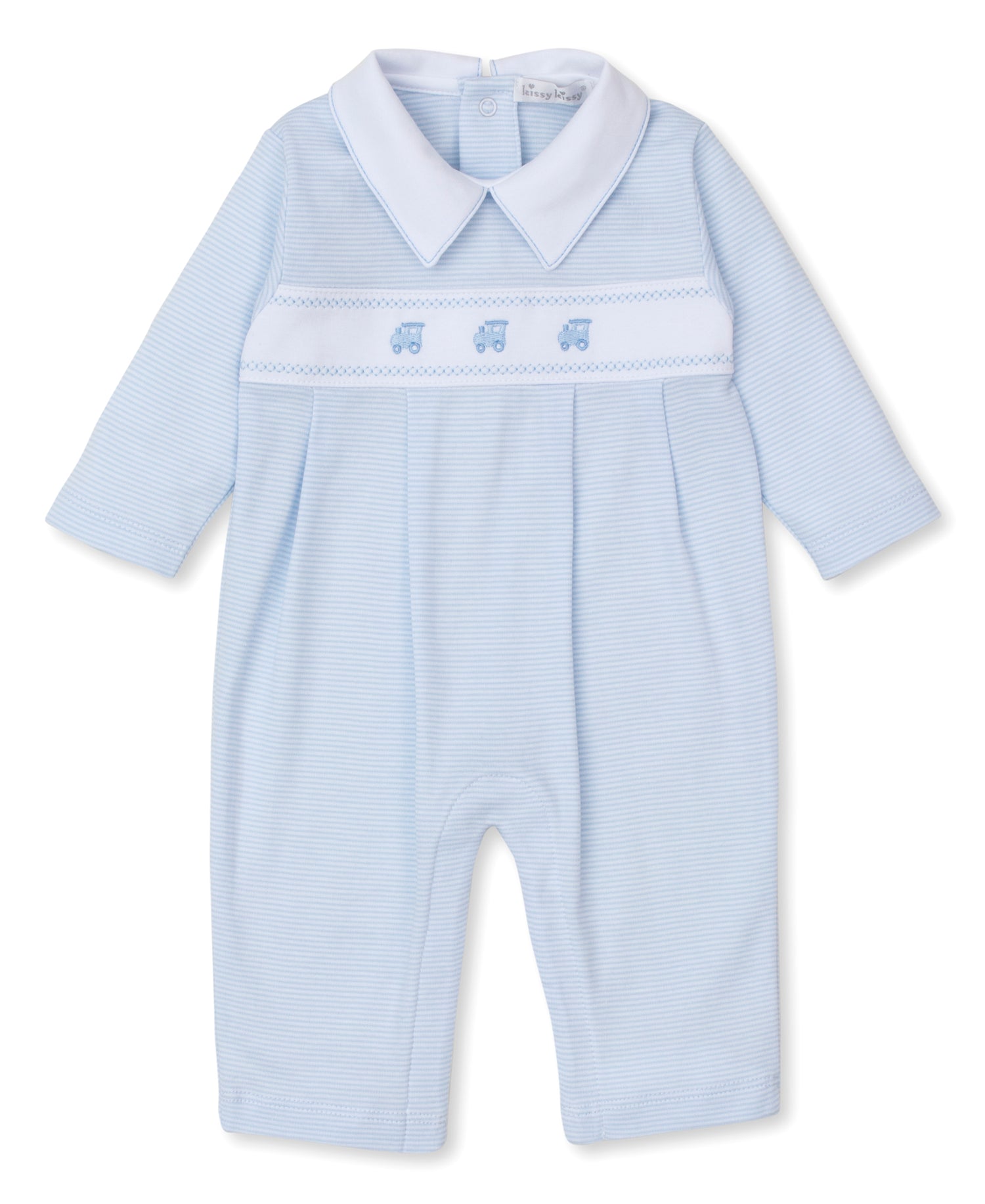 Classic Treasures Baby Boy Playsuit: Light Blue with Trains