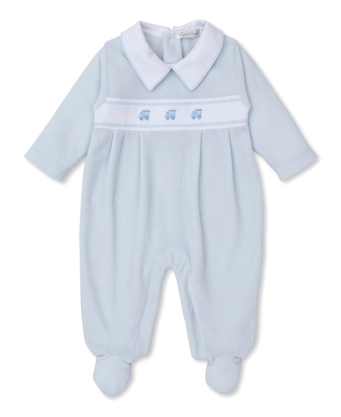 Classic Treasures Velour Footie: Light Blue with Trains