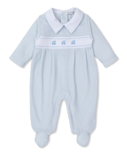 Classic Treasures Velour Footie: Light Blue with Trains