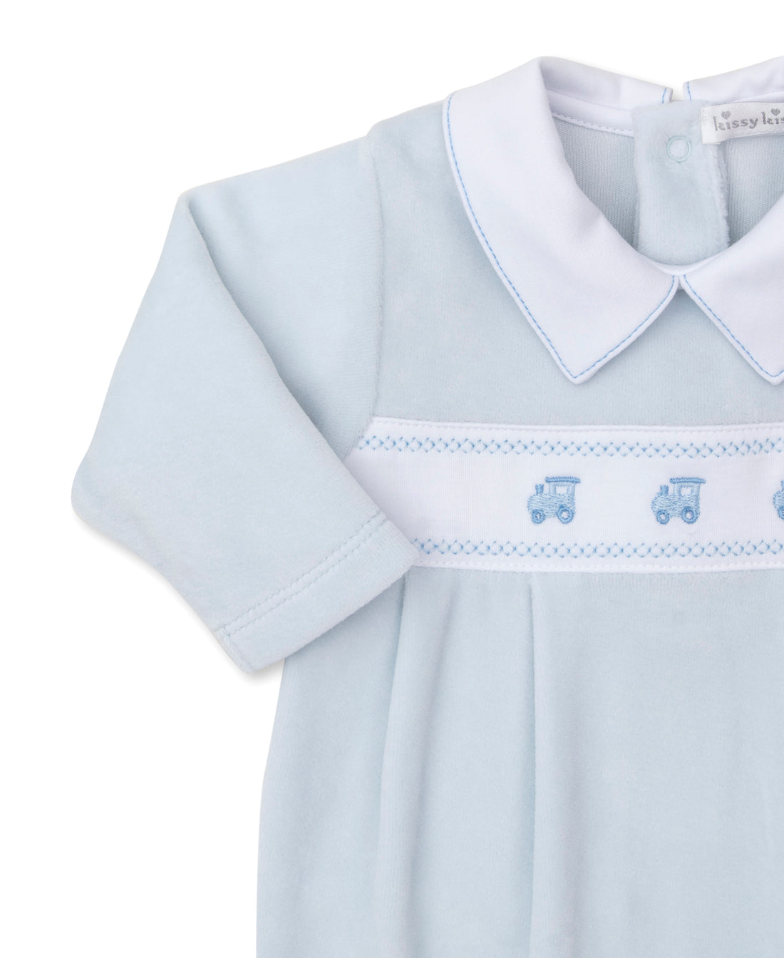 Classic Treasures Velour Footie: Light Blue with Trains