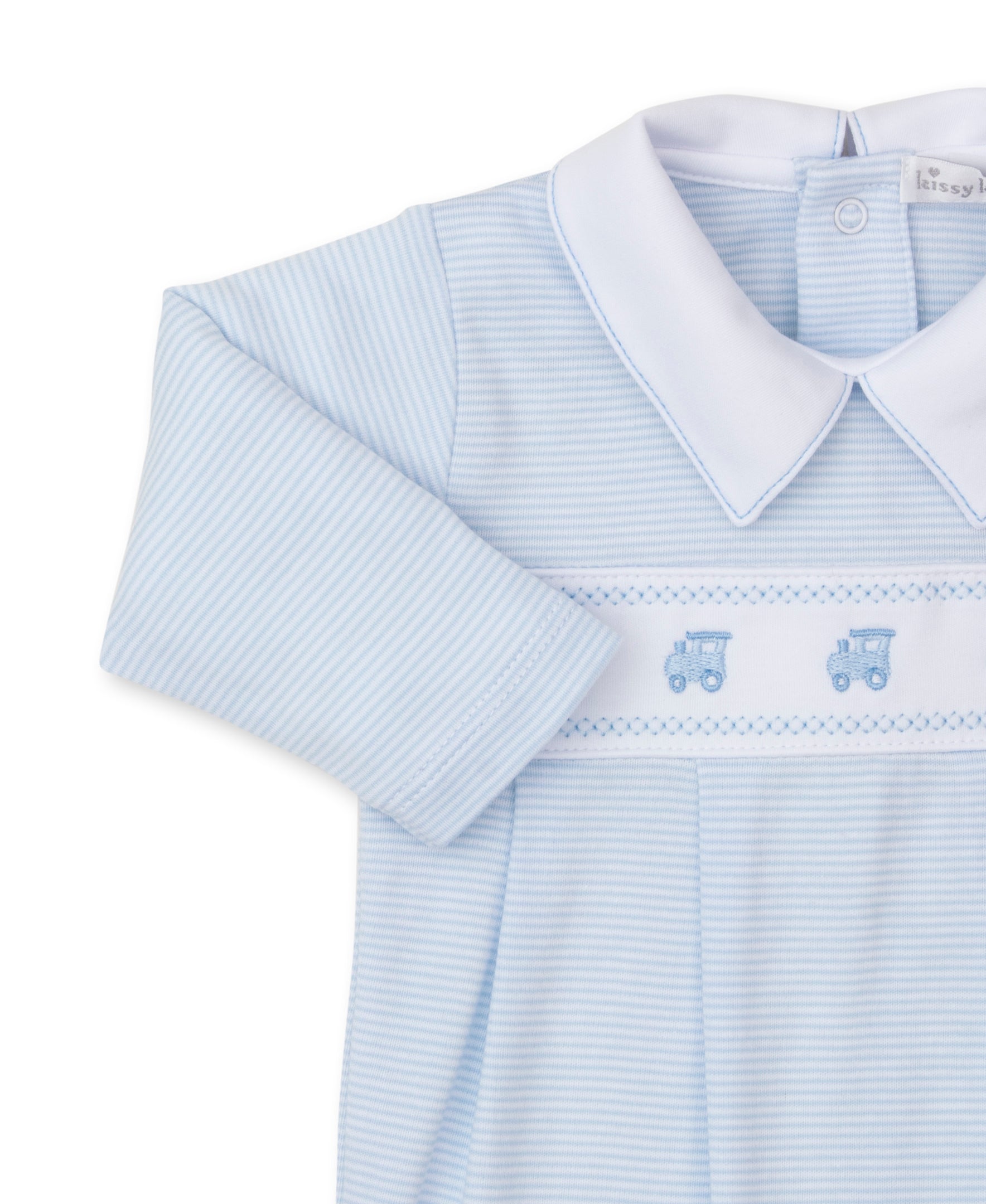 Classic Treasures Baby Boy Playsuit: Light Blue with Trains