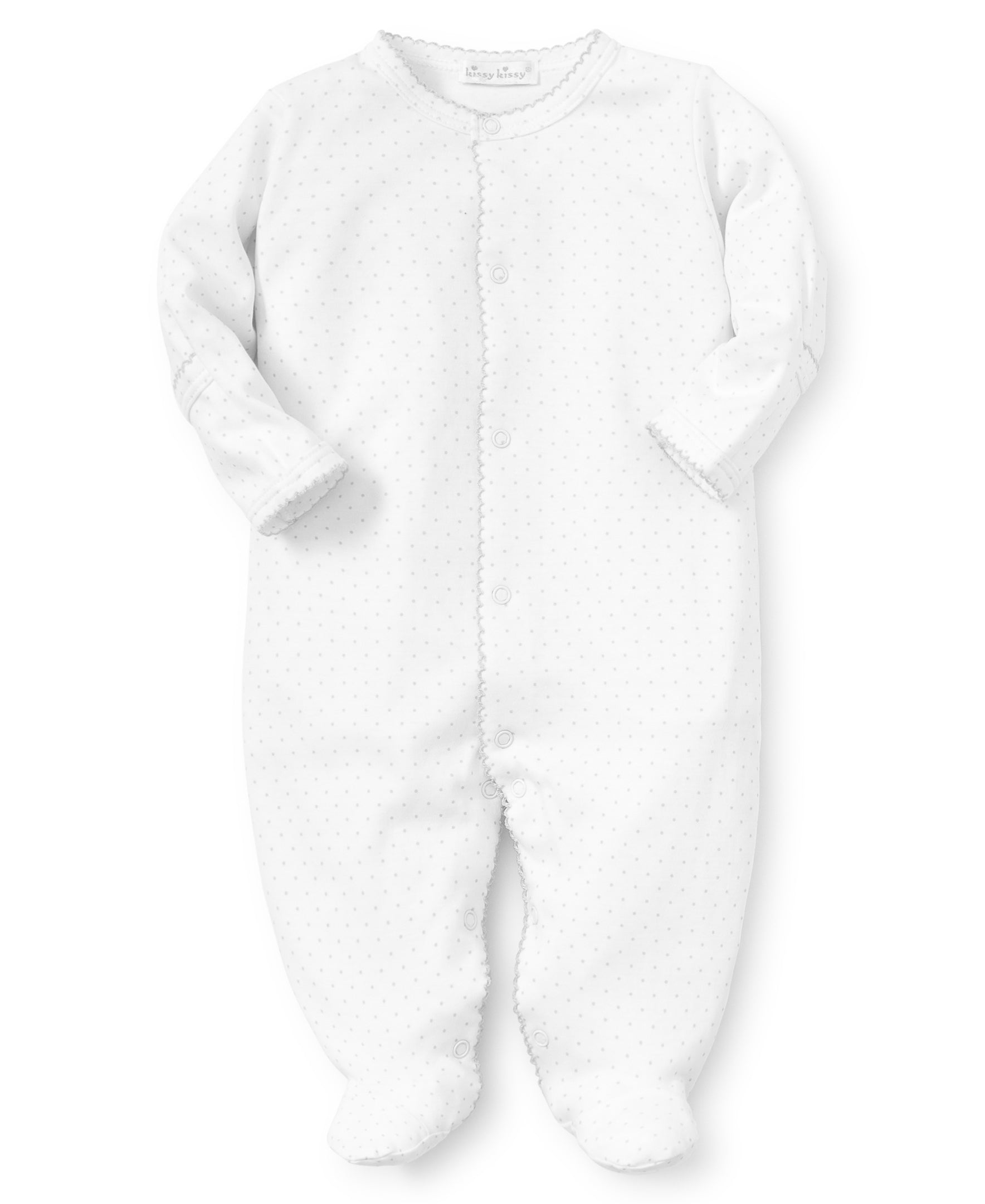 Kissy Kissy Dots Print Footie: White with Silver