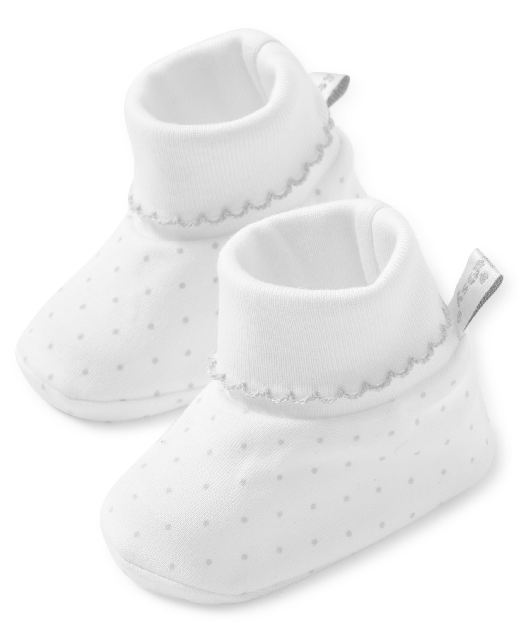 Kissy Kissy Dots Print Newborn Baby Booties - White with Silver