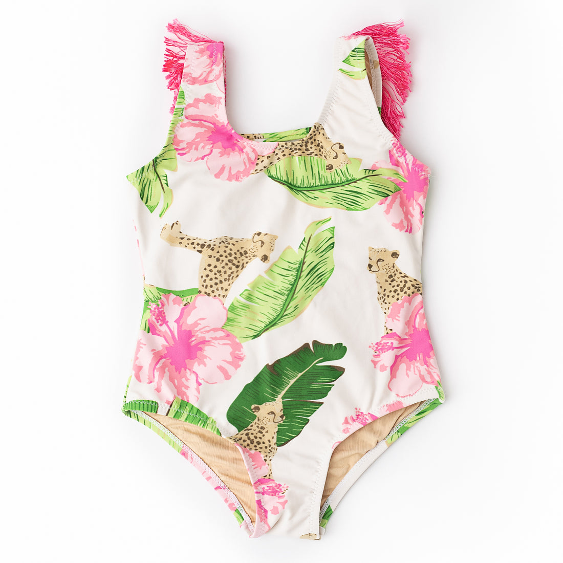 Fringe Back One Piece Botanical Leopard Swimsuit