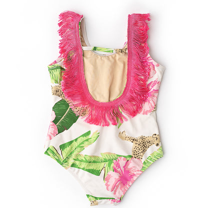 Fringe Back One Piece Botanical Leopard Swimsuit