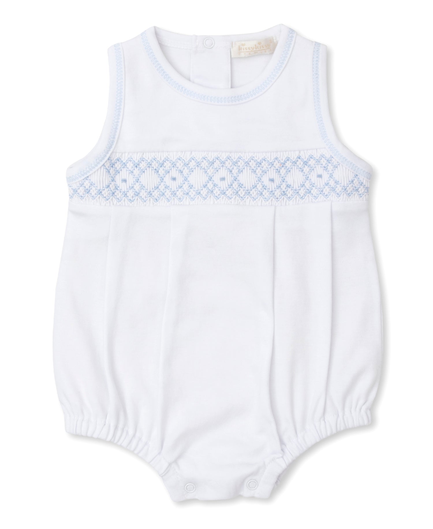 White Pima Boy Bubble with Light Blue Smocking