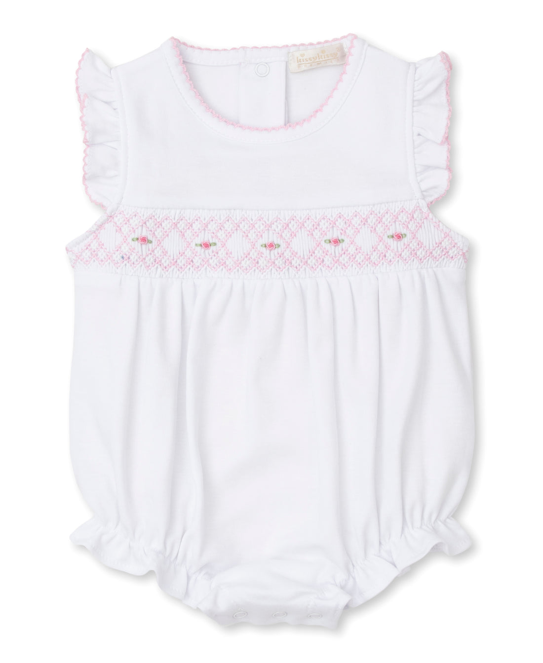 White Pima Girls Flutter Sleeve Bubble with Light Pink Smocking