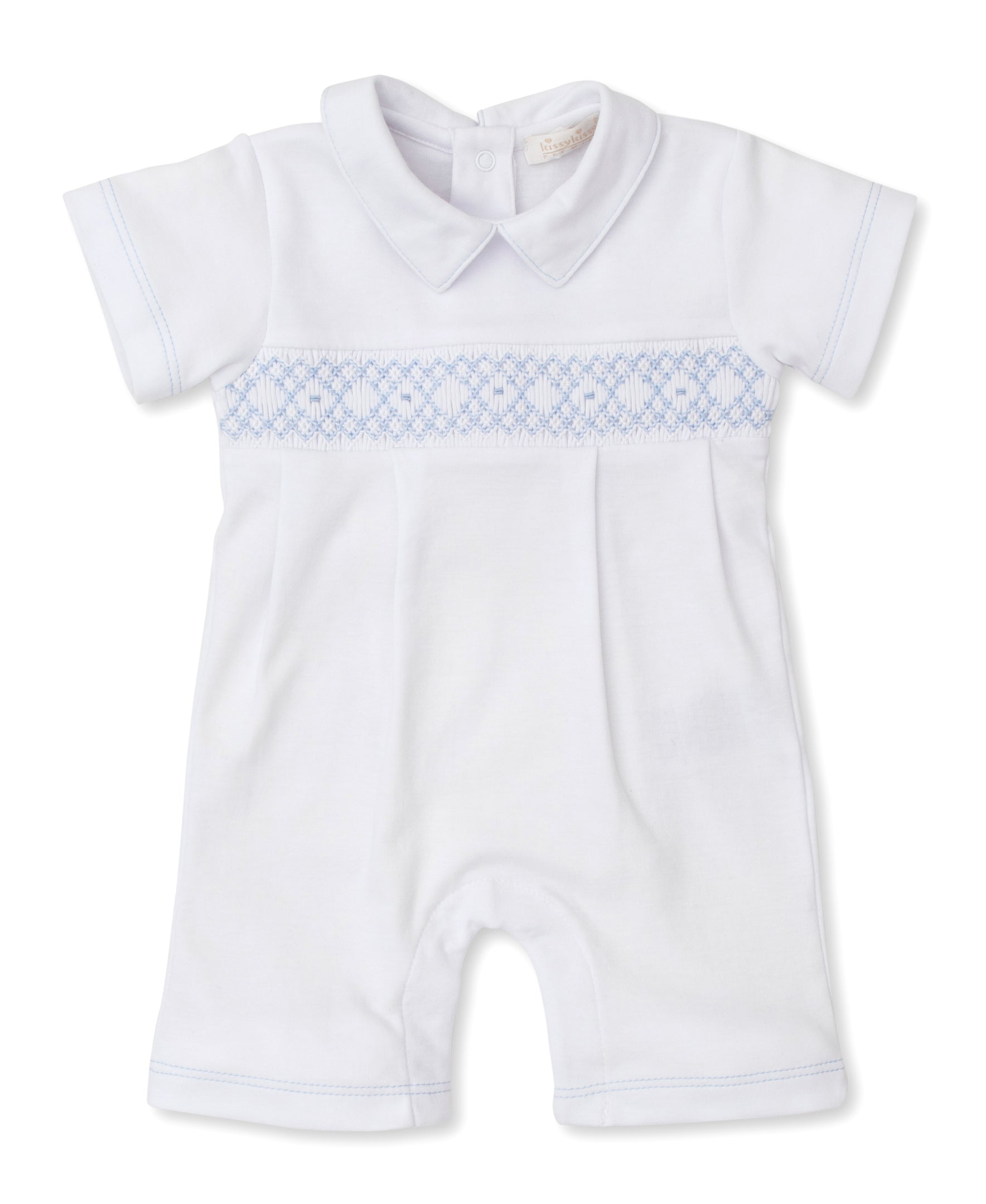 White Pima Polo Romper with Light Blue Smocking