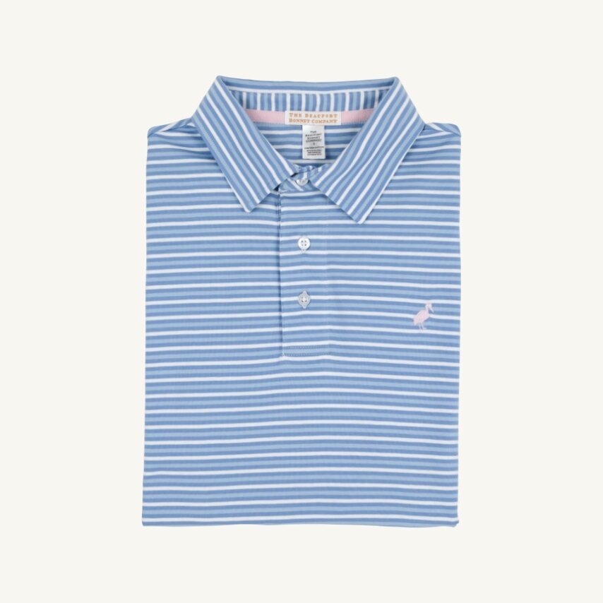 TBBC SS Prim &amp; Proper Polo: Sumner County Stripe (Sunrise Blvd Blue)/Palm Beach Pink