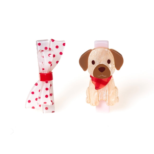 Cute Dog with Scarf + Red Dot Bow Hair Clips