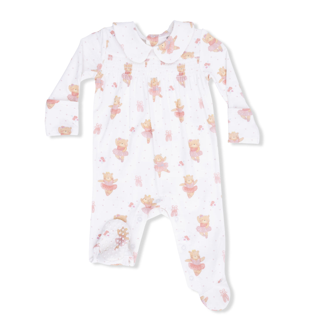 Teddy Bear Ballerina Smocked Peter Pan Snap Footie