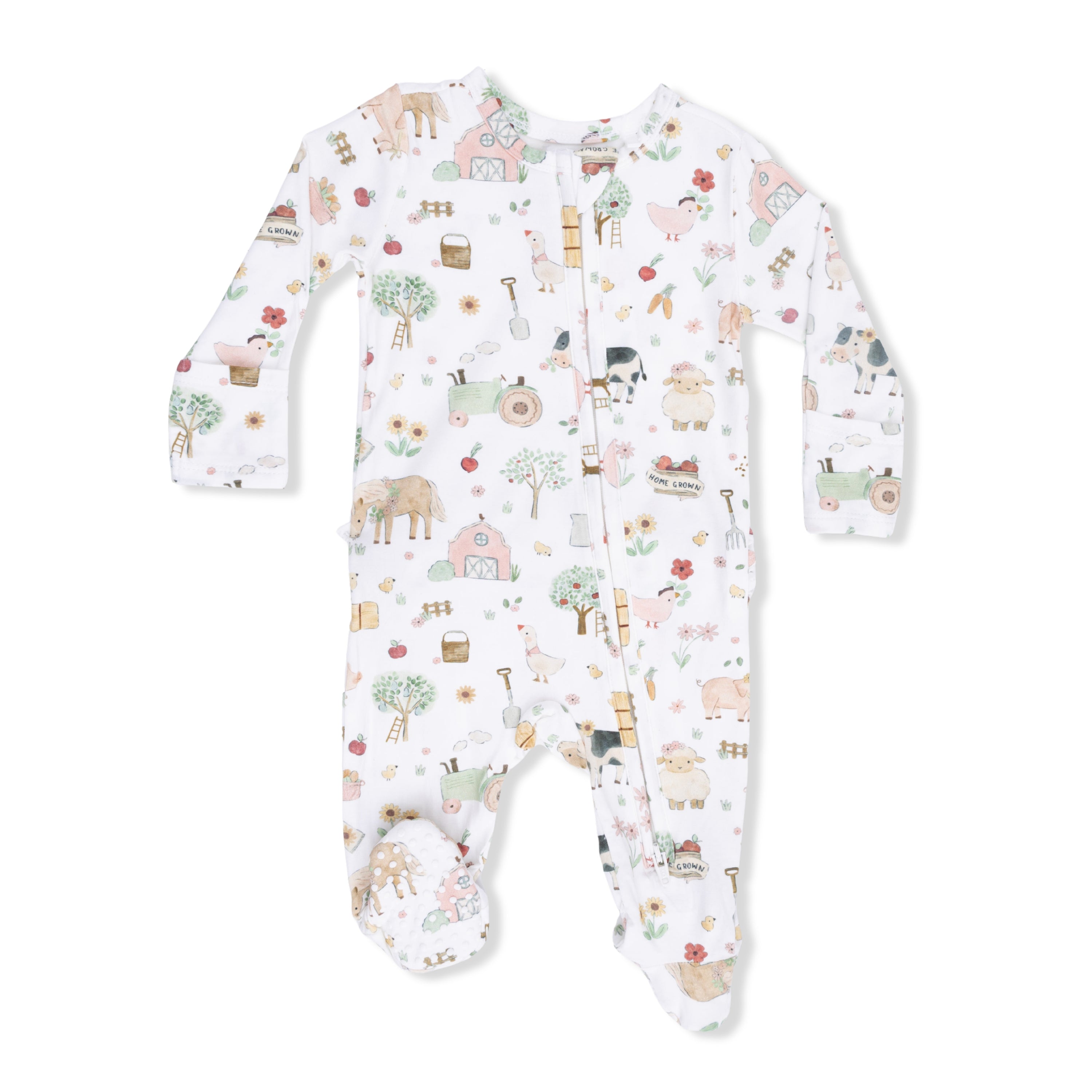 Cute Farm Animals Pink 2 Way Ruffle Back Zipper Footie