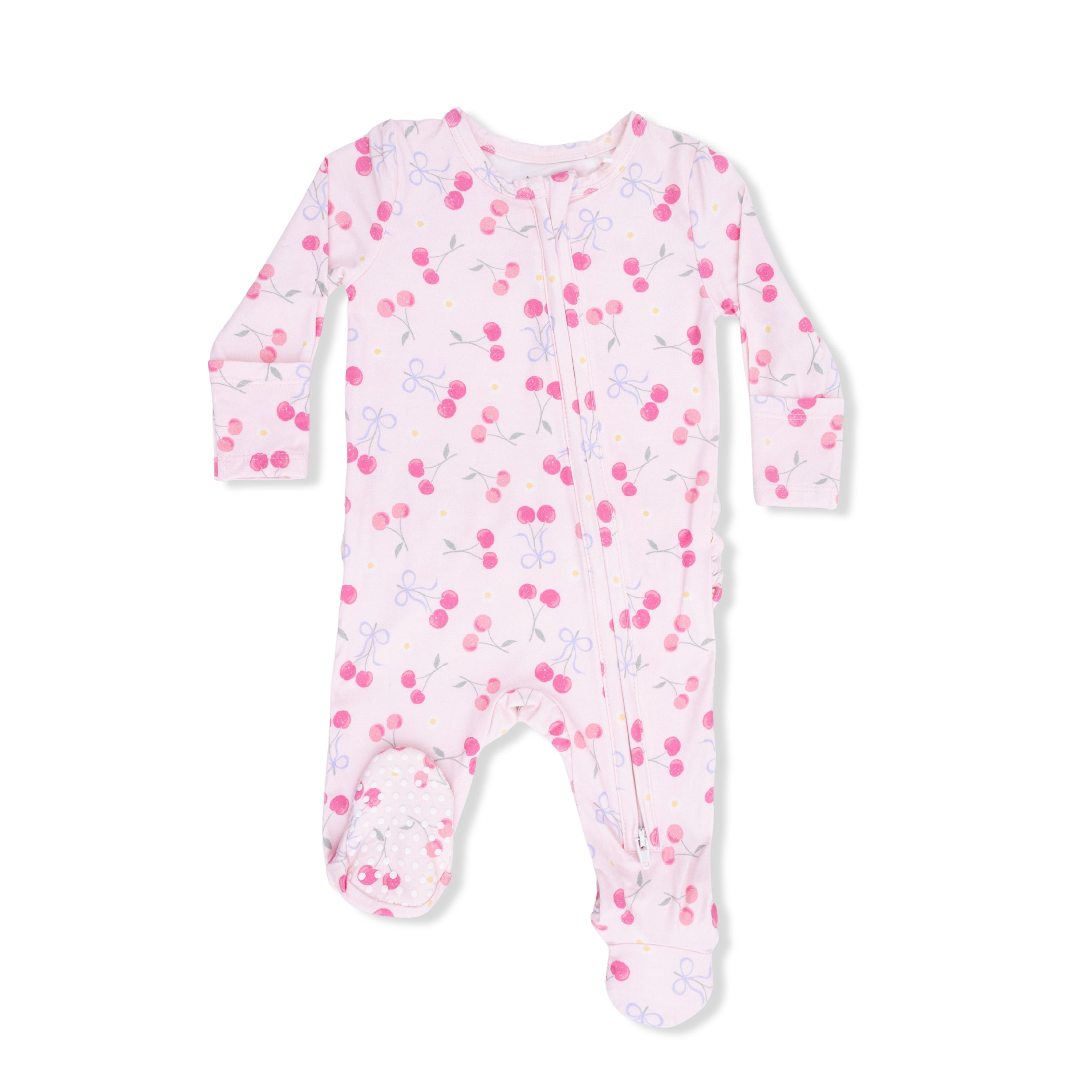 Sweet Bow Cherries 2 Way Ruffle Back Zipper Footie