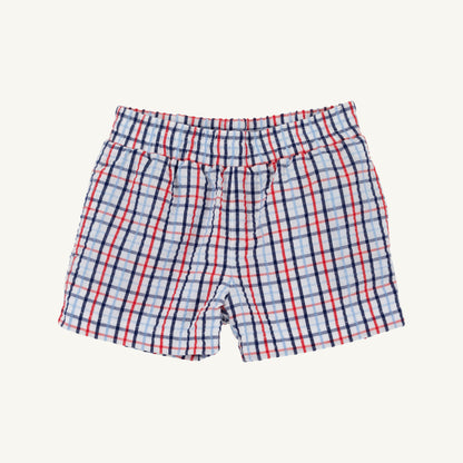 TBBC Seersucker Sheffield Shorts: Pierce Mill Plaid Seersucker/Nantucket Navy